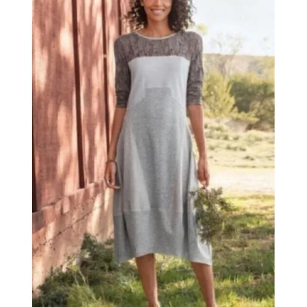 Sundance Manette Dress Womens Medium Midi 3/4 Lace Sleeves Knit Gray Boho
